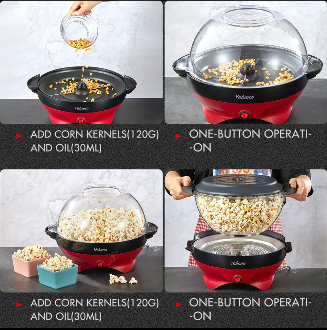Yabano 6 Quart Popcorn Maker Machine RH-906 Nonstick Plate Automatic Stirring (BLACK)( RED)π