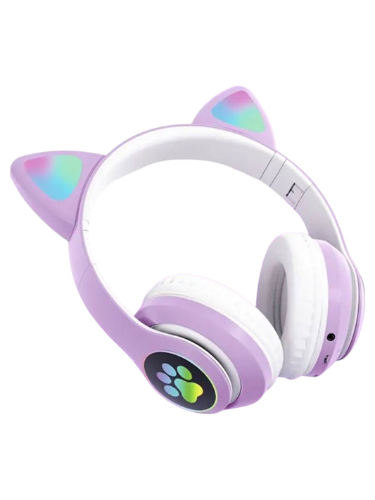 Bluetooth headphones for kids, cute cat ear with LED light, foldable stereo over-ear headphones with microphone/TF card wireless headphones