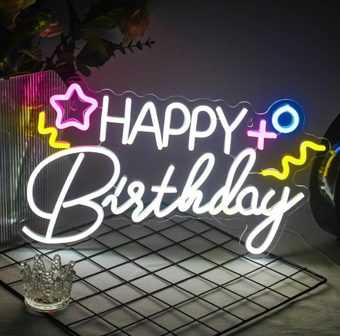Happy birthday neon lights, custom LED sign, for house party, bright lamp, aesthetic design, wall decoration, surprise art, USB size: 16.9 x 9.8 inche