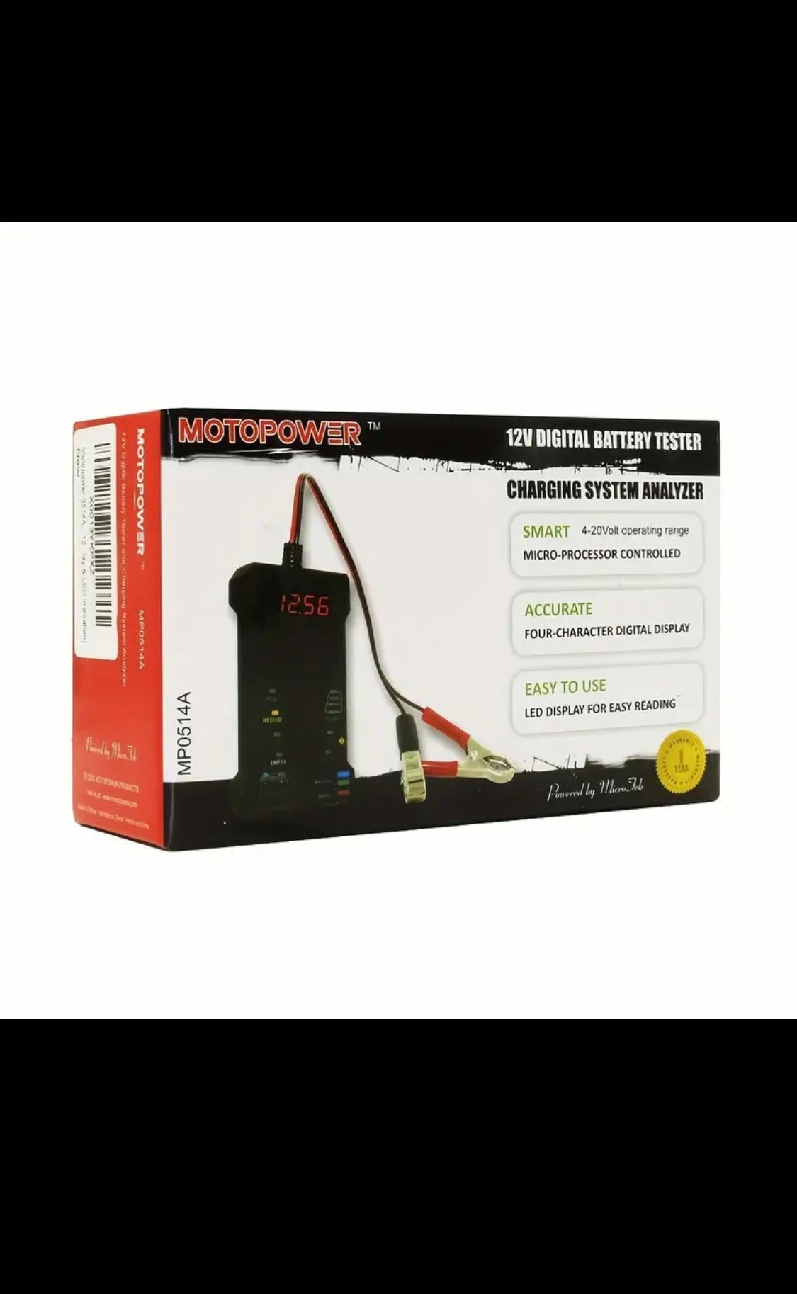 MOTOPOWER MP0514A - 12V digital car battery tester, voltmeter and charging system analyzer with LCD display and LED indication, rubber paint RED