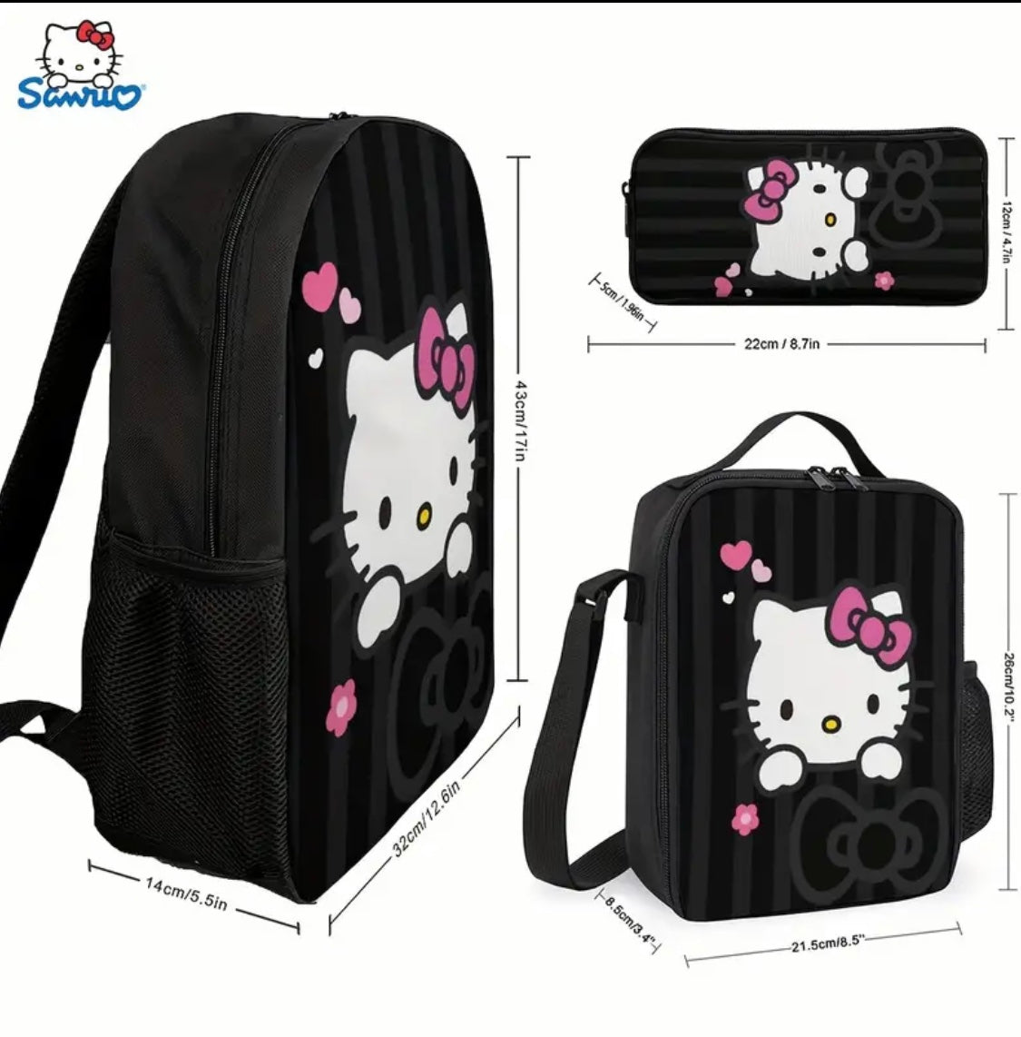 3-piece backpack set, includes backpack, lunch bag, waterproof case for school trips, black color