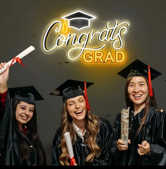 Congrats Grad Neon Sign with Cap - 16.5" x 10", Adjustable LED Light Up Sign for Prom Party, Photos, Any year can be used. Celebrations, Graduation Gift for Dorm Backdrop Room Decor