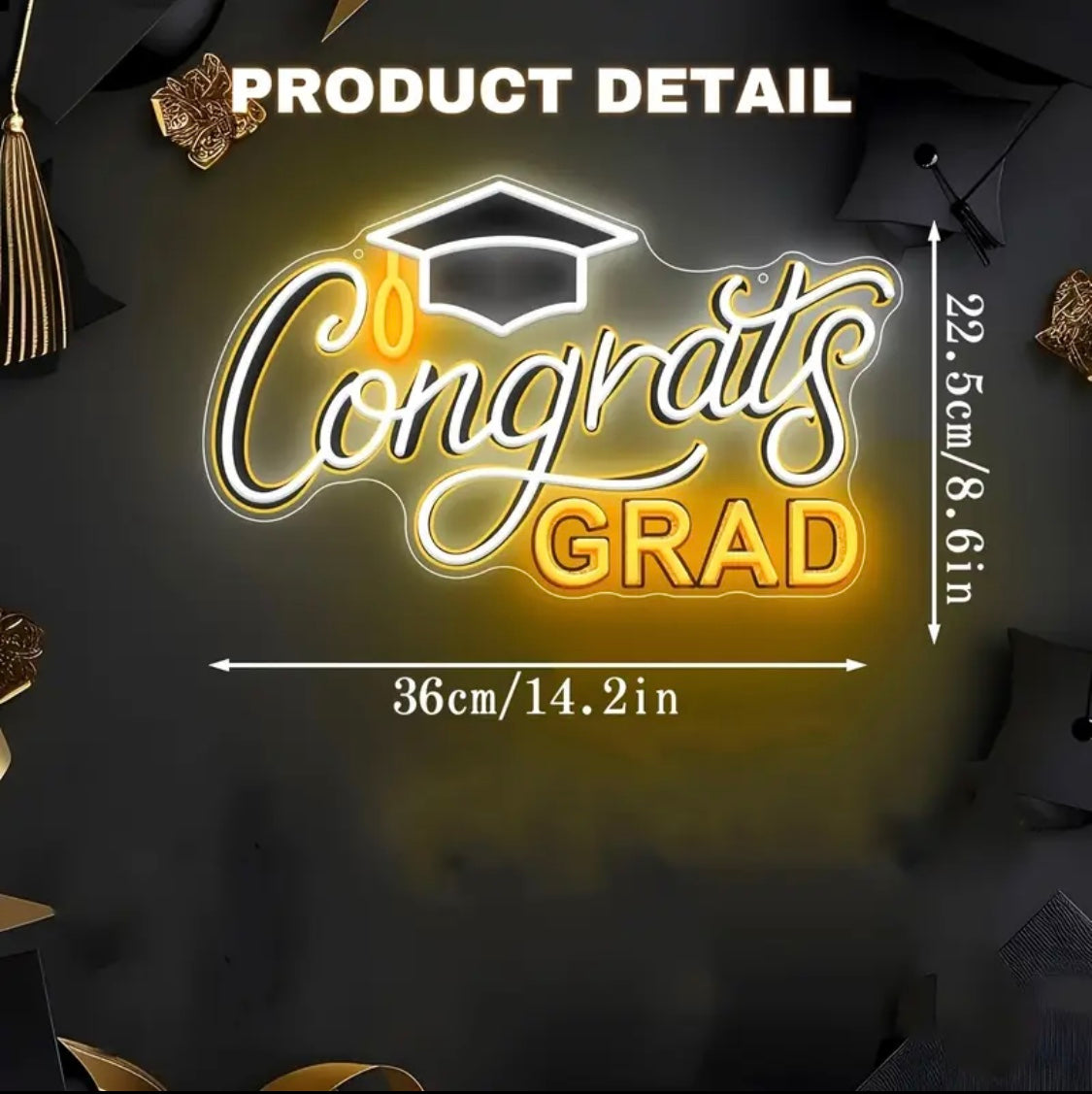 Congrats Grad Neon Sign with Cap - 16.5" x 10", Adjustable LED Light Up Sign for Prom Party, Photos, Any year can be used. Celebrations, Graduation Gift for Dorm Backdrop Room Decor