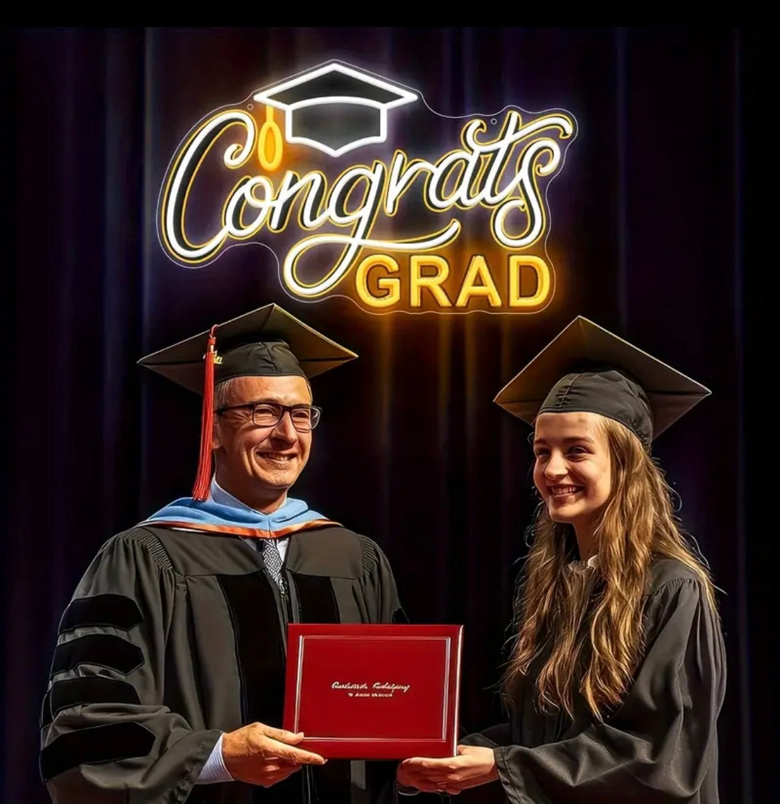 Congrats Grad Neon Sign with Cap - 16.5" x 10", Adjustable LED Light Up Sign for Prom Party, Photos, Any year can be used. Celebrations, Graduation Gift for Dorm Backdrop Room Decor