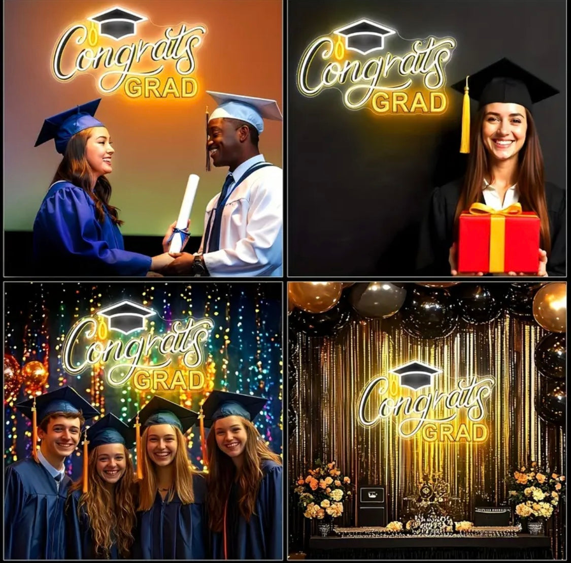 Congrats Grad Neon Sign with Cap - 16.5" x 10", Adjustable LED Light Up Sign for Prom Party, Photos, Any year can be used. Celebrations, Graduation Gift for Dorm Backdrop Room Decor