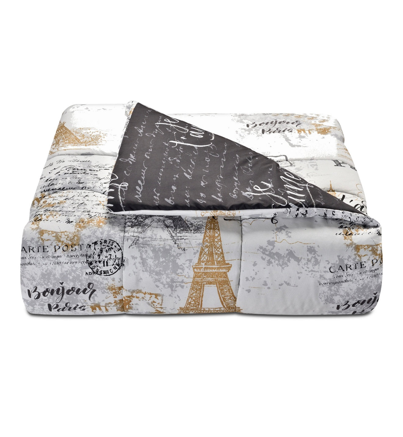 Fairfield Paris Queen Bedding Comforter Set Black and White Reversible 8 Piece Bed in a Bag Eiffel Tower Gold Design