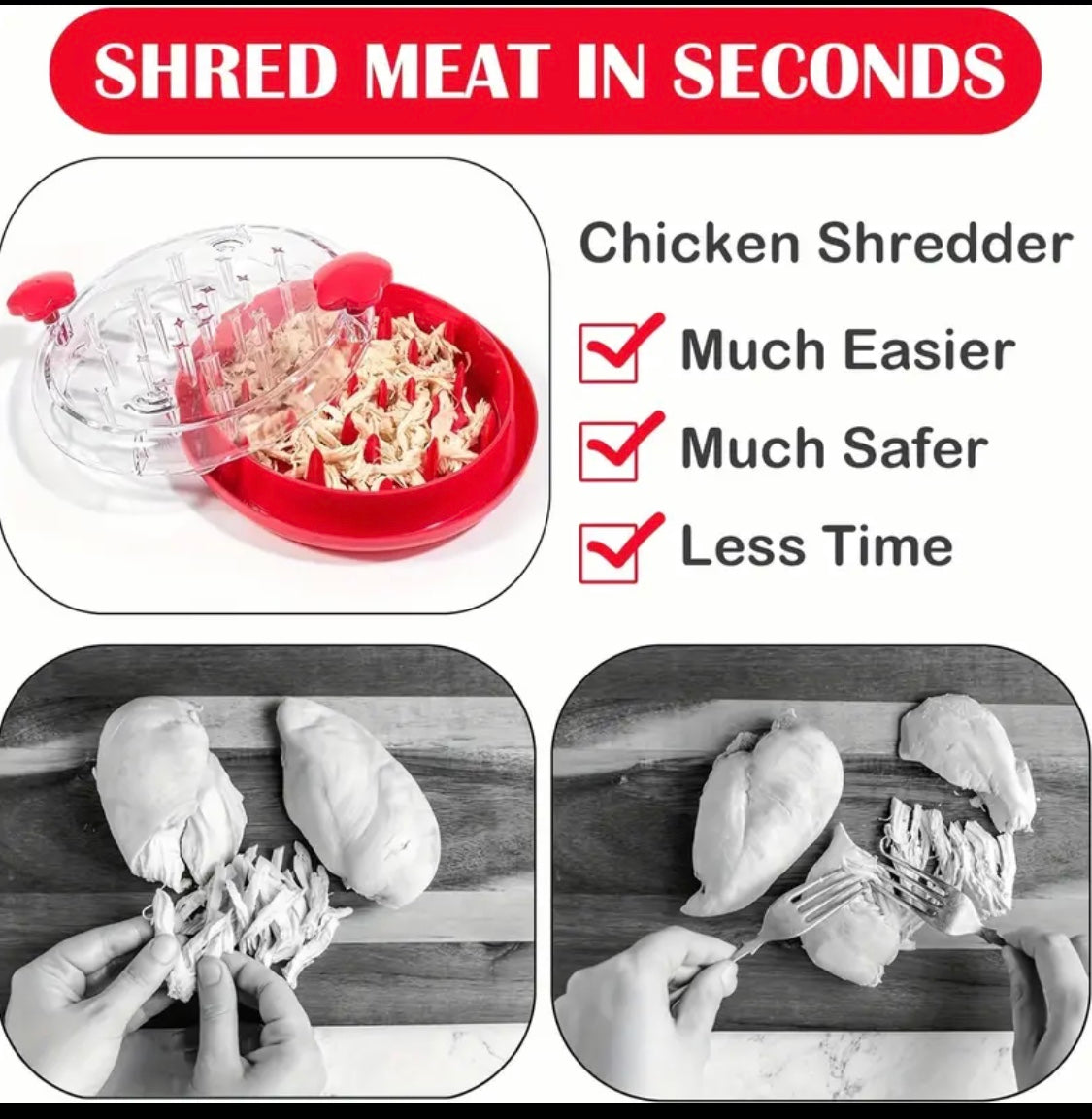 Kitchen chicken shredding tool, Visible meat shredder, Chicken chopper with transparent lid and cleaning brush Non-slip strip Suitable for beef and chicken