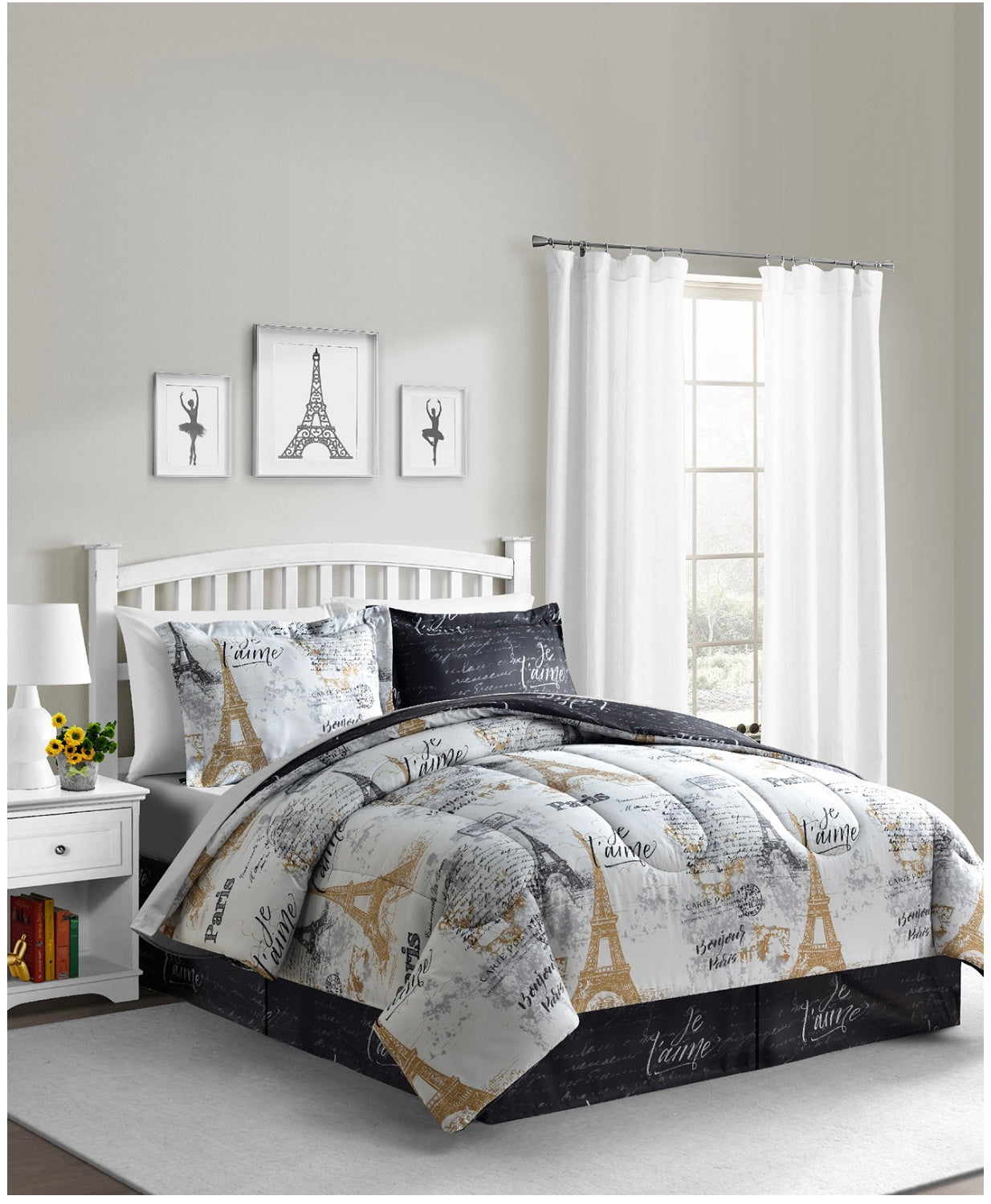 Fairfield Paris Queen Bedding Comforter Set Black and White Reversible 8 Piece Bed in a Bag Eiffel Tower Gold Design