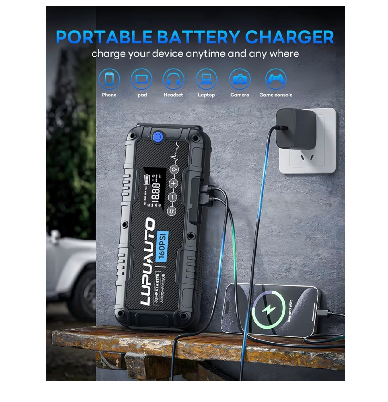 4000A Car Jump Starter with 160PSI Air Compressor, 12V Car Charging Battery Booster Pack (10L Gas/8.5L Diesel), Portable Jump Starter Power Pack with LED Display, 500LM Lights