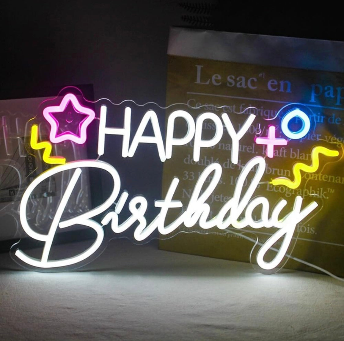 Happy birthday neon lights, custom LED sign, for house party, bright lamp, aesthetic design, wall decoration, surprise art, USB size: 16.9 x 9.8 inche