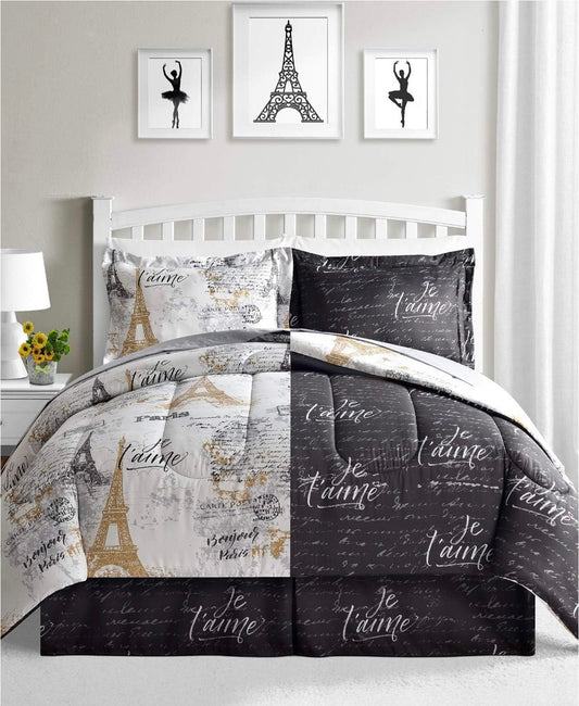 Fairfield Paris Queen Bedding Comforter Set Black and White Reversible 8 Piece Bed in a Bag Eiffel Tower Gold Design