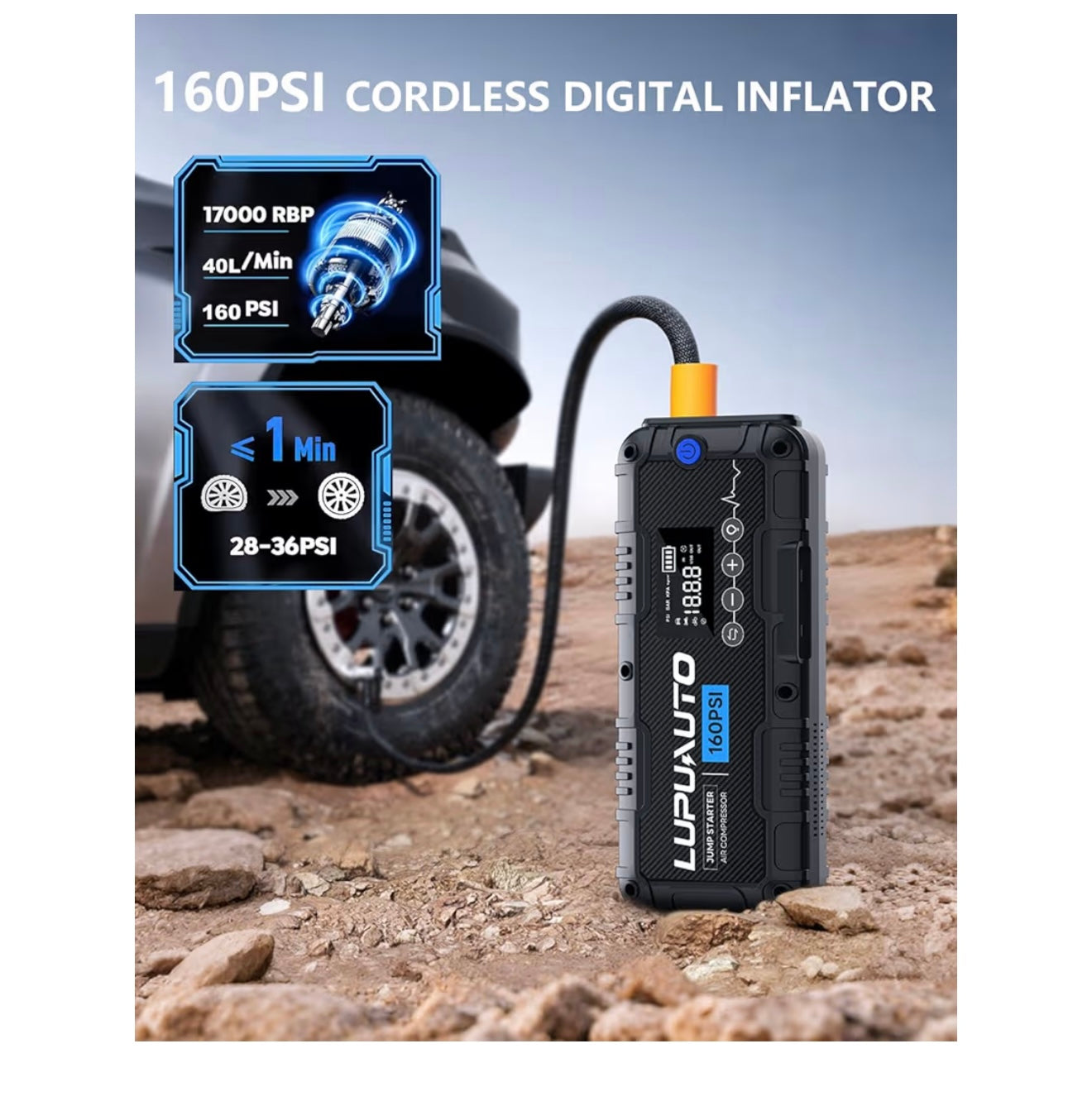 4000A Car Jump Starter with 160PSI Air Compressor, 12V Car Charging Battery Booster Pack (10L Gas/8.5L Diesel), Portable Jump Starter Power Pack with LED Display, 500LM Lights