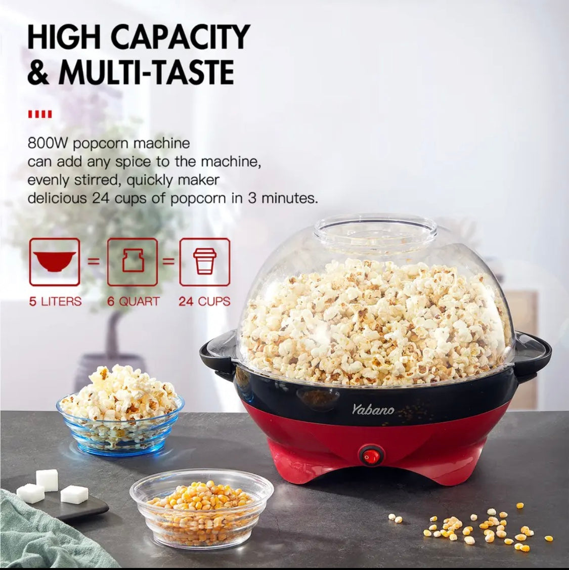 Yabano 6 Quart Popcorn Maker Machine RH-906 Nonstick Plate Automatic Stirring  (BLACK)( RED)👈