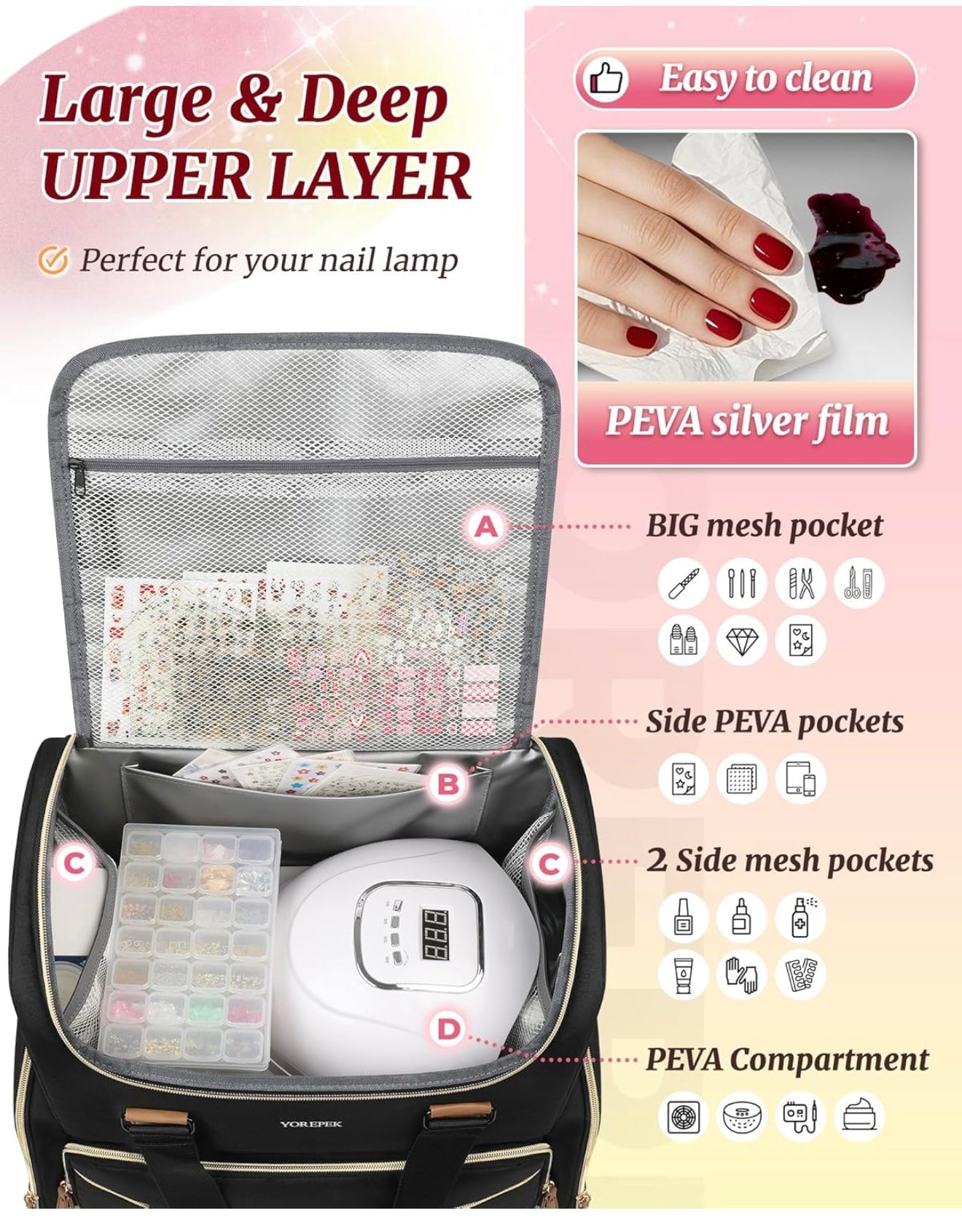 YOREPEK Extra Large Nail Polish Organizer Case Backpack Holds 96 to 100+ Bottles(15ml/0.5 fl.oz) UV Nail Lamp,Nail Organizers and Storage with 2 Removable Pouches Fits Nail Stuff,Gift for Manicurist