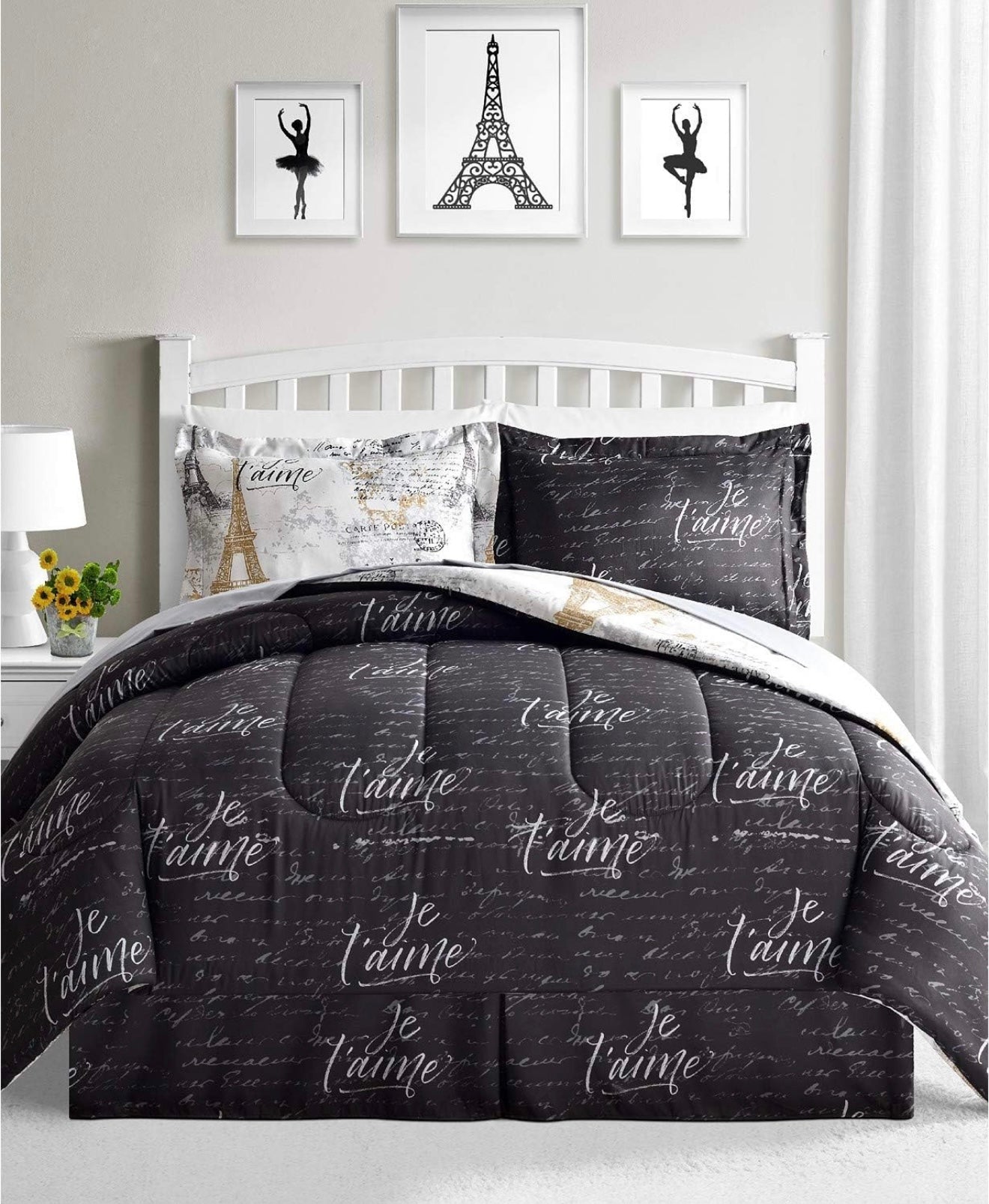 Fairfield Paris Queen Bedding Comforter Set Black and White Reversible 8 Piece Bed in a Bag Eiffel Tower Gold Design