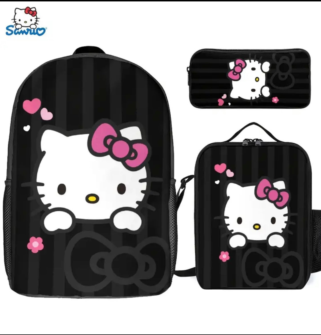 3-piece backpack set, includes backpack, lunch bag, waterproof case for school trips, black color