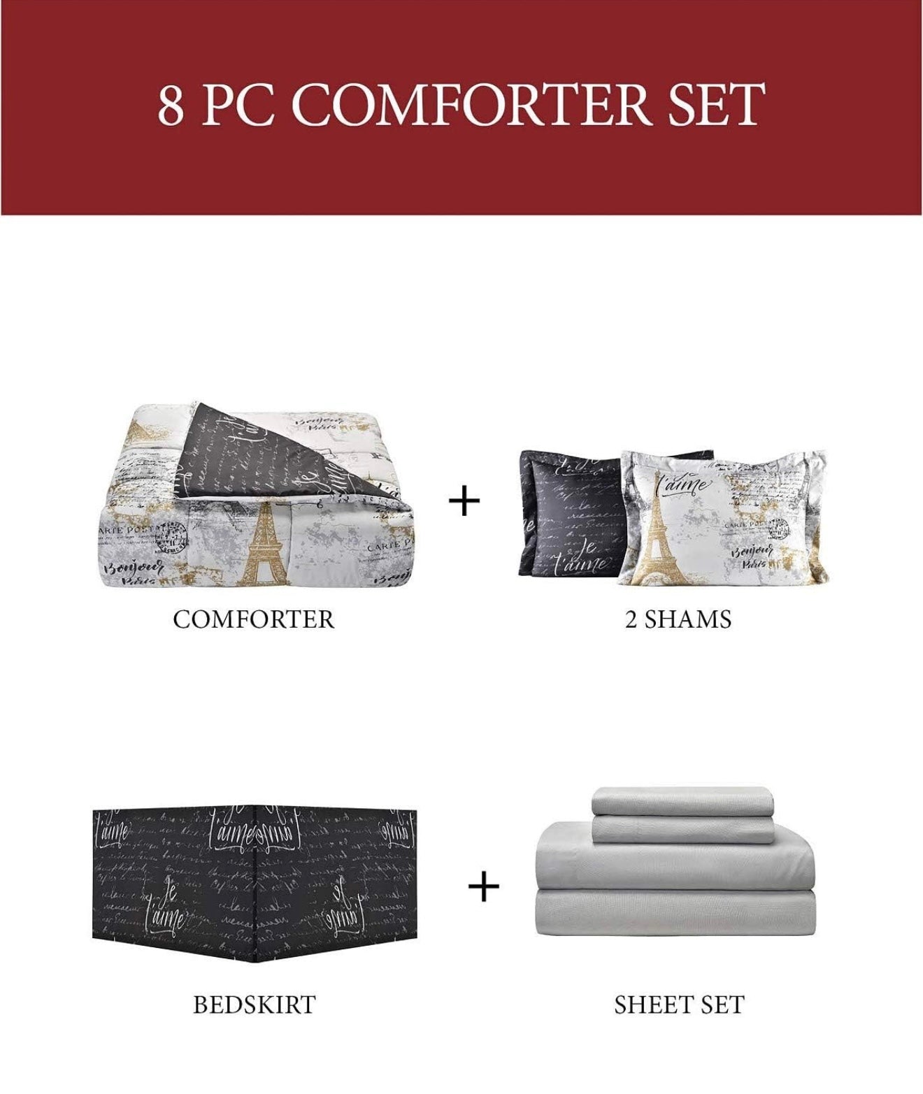 Fairfield Paris Queen Bedding Comforter Set Black and White Reversible 8 Piece Bed in a Bag Eiffel Tower Gold Design