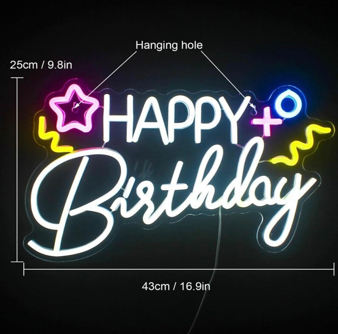Happy birthday neon lights, custom LED sign, for house party, bright lamp, aesthetic design, wall decoration, surprise art, USB size: 16.9 x 9.8 inche