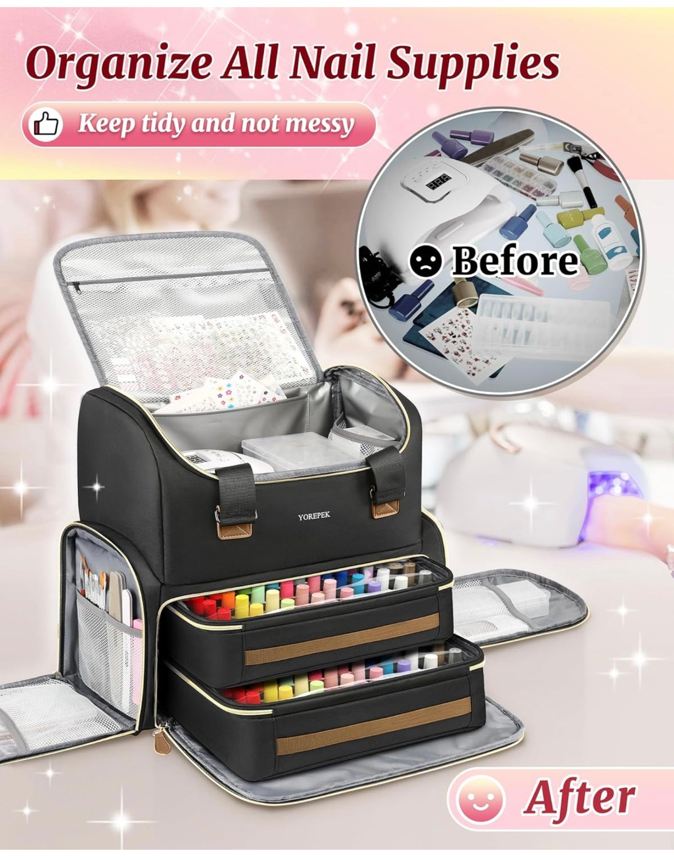 YOREPEK Extra Large Nail Polish Organizer Case Backpack Holds 96 to 100+ Bottles(15ml/0.5 fl.oz) UV Nail Lamp,Nail Organizers and Storage with 2 Removable Pouches Fits Nail Stuff,Gift for Manicurist