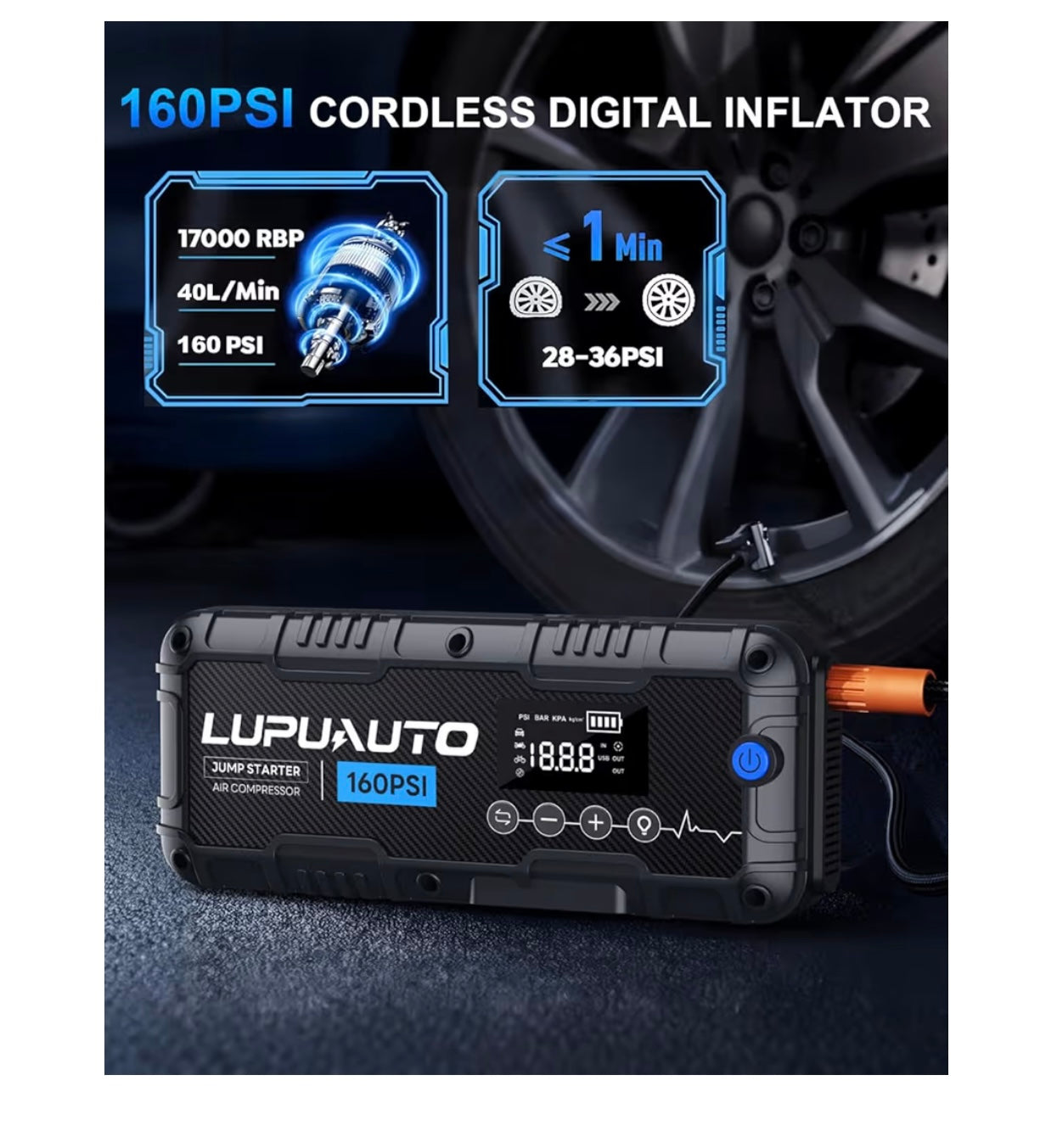 4000A Car Jump Starter with 160PSI Air Compressor, 12V Car Charging Battery Booster Pack (10L Gas/8.5L Diesel), Portable Jump Starter Power Pack with LED Display, 500LM Lights