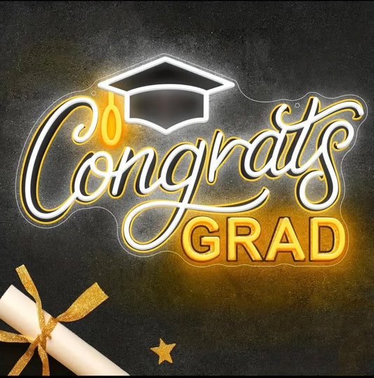 Congrats Grad Neon Sign with Cap - 16.5" x 10", Adjustable LED Light Up Sign for Prom Party, Photos, Any year can be used. Celebrations, Graduation Gift for Dorm Backdrop Room Decor