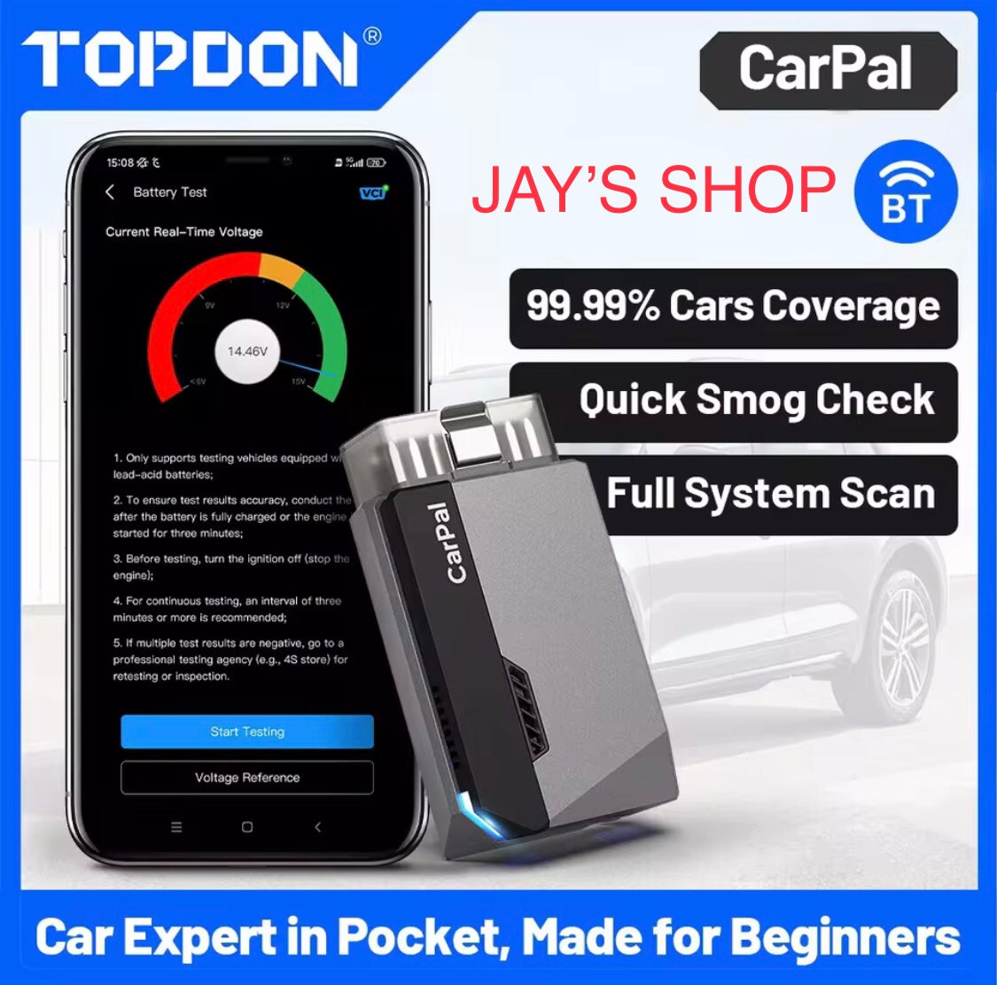 TOPDON Carpal OBD2 Bluetooth scanner - Car scanner, diagnostic tool for all systems for iOS and Android, vehicle status monitoring, 6 maintenance serv
