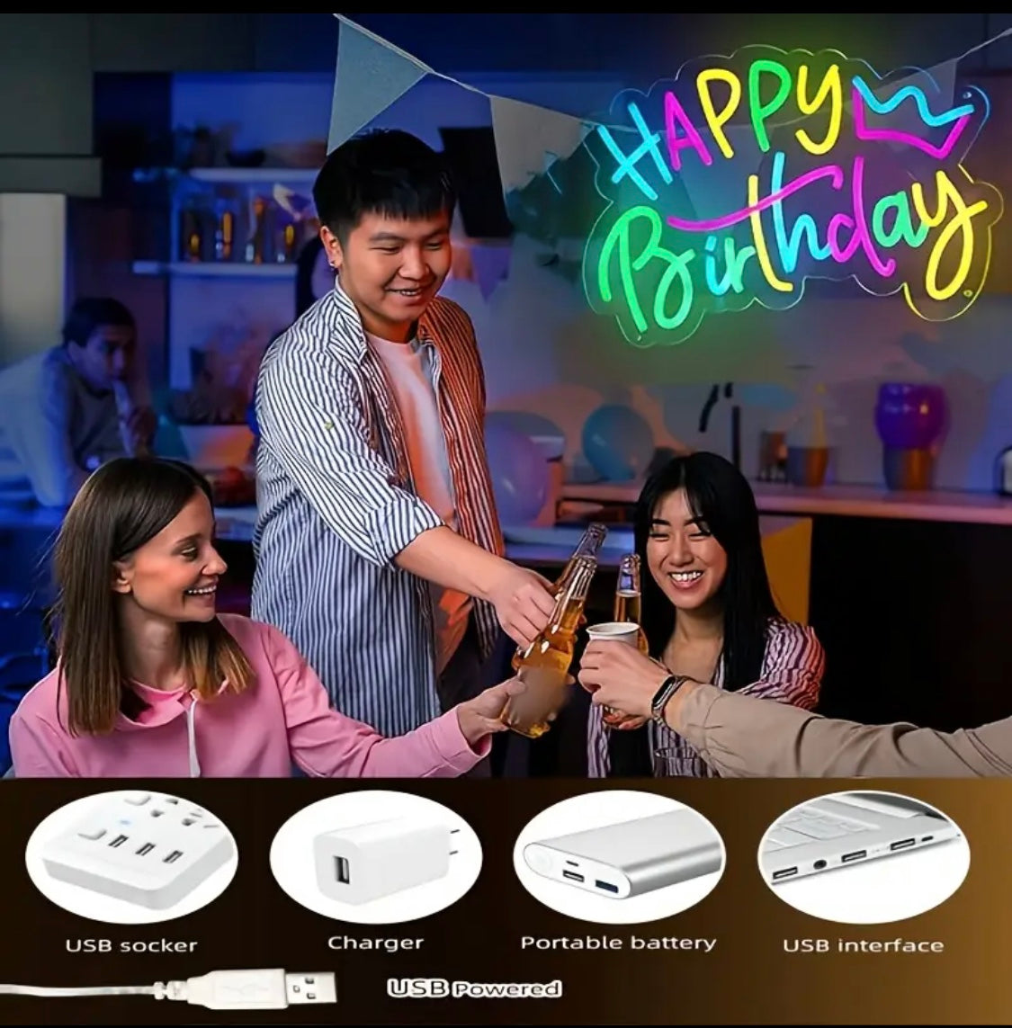 Happy Birthday Neon Sign for Birthday Parties, Colorful Happy Birthday Light Sign, LED Neon Sign with Adjustable Switch for Wall Decoration