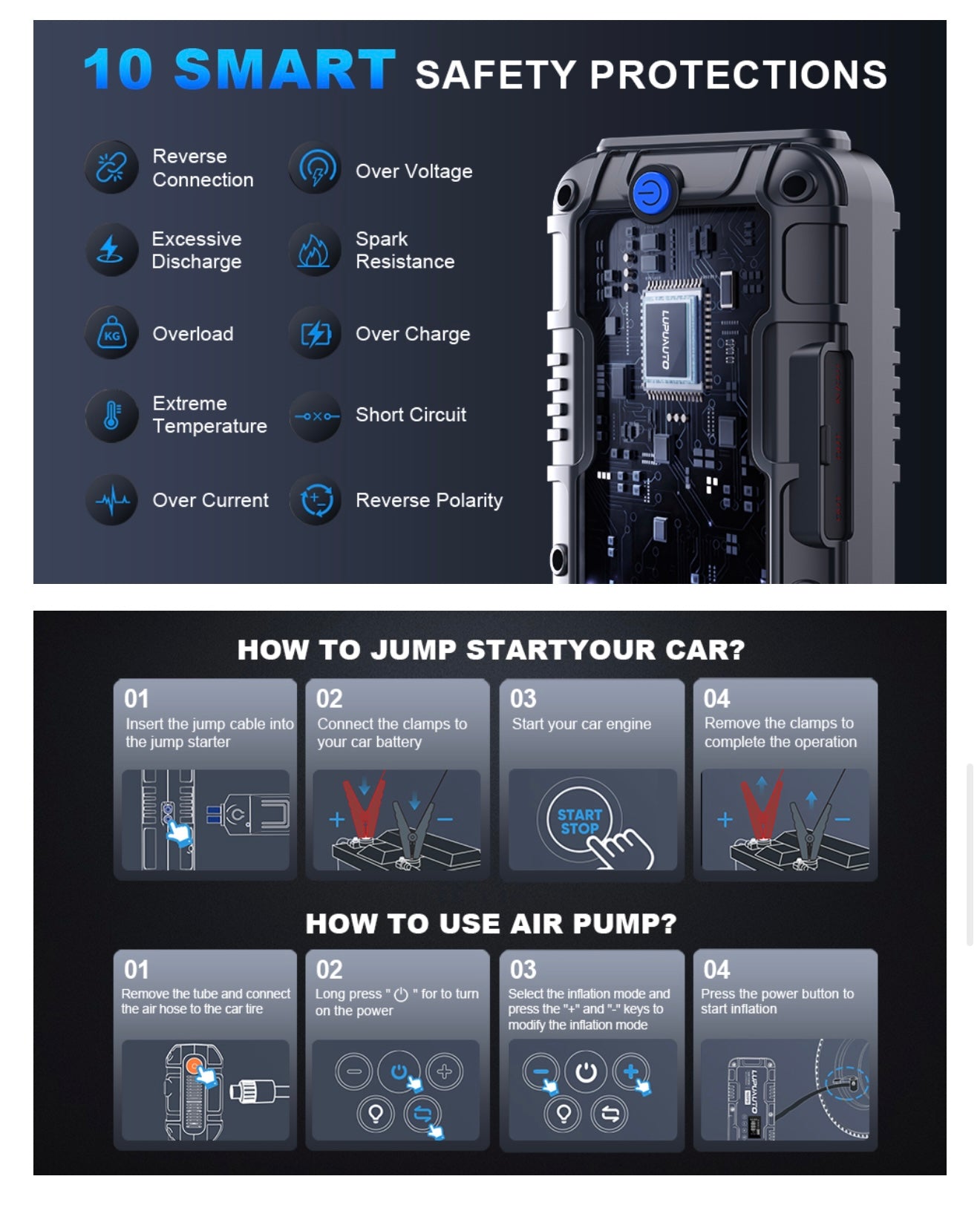 4000A Car Jump Starter with 160PSI Air Compressor, 12V Car Charging Battery Booster Pack (10L Gas/8.5L Diesel), Portable Jump Starter Power Pack with LED Display, 500LM Lights