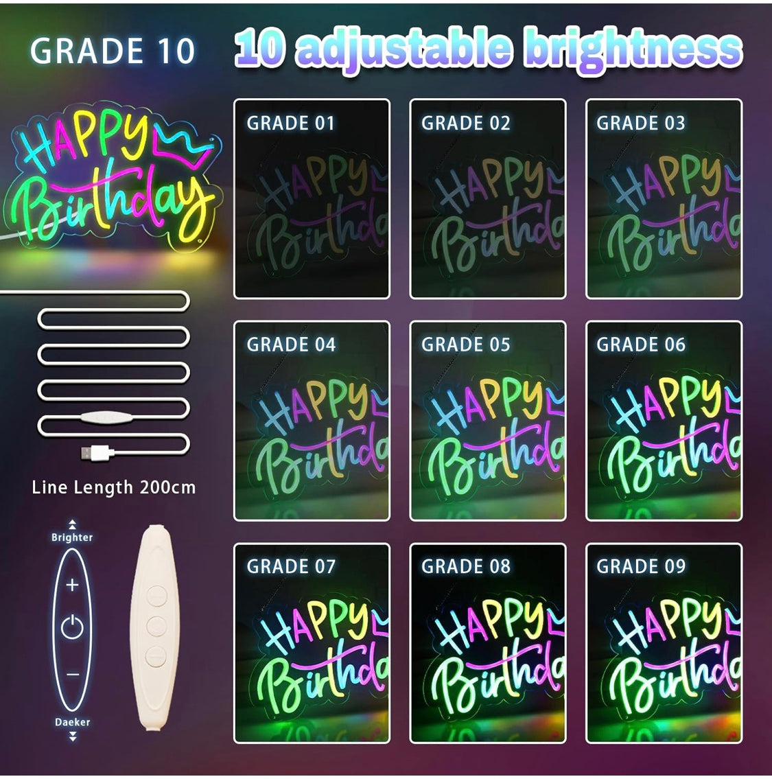 Happy Birthday Neon Sign for Birthday Parties, Colorful Happy Birthday Light Sign, LED Neon Sign with Adjustable Switch for Wall Decoration
