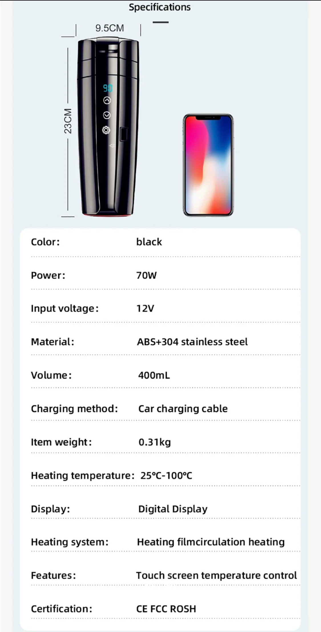 Thermal stainless steel tumbl12 V/24 V, 13.5 fl oz stainless steel heating mug, smart temperature control travel mug, electric kettle for coffee, tea,