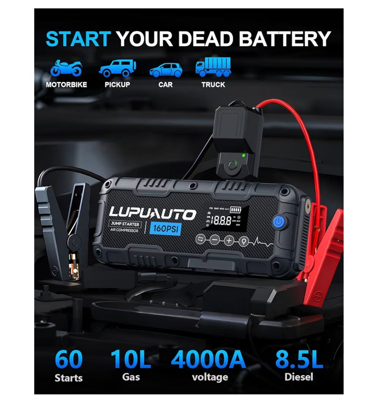 4000A Car Jump Starter with 160PSI Air Compressor, 12V Car Charging Battery Booster Pack (10L Gas/8.5L Diesel), Portable Jump Starter Power Pack with LED Display, 500LM Lights