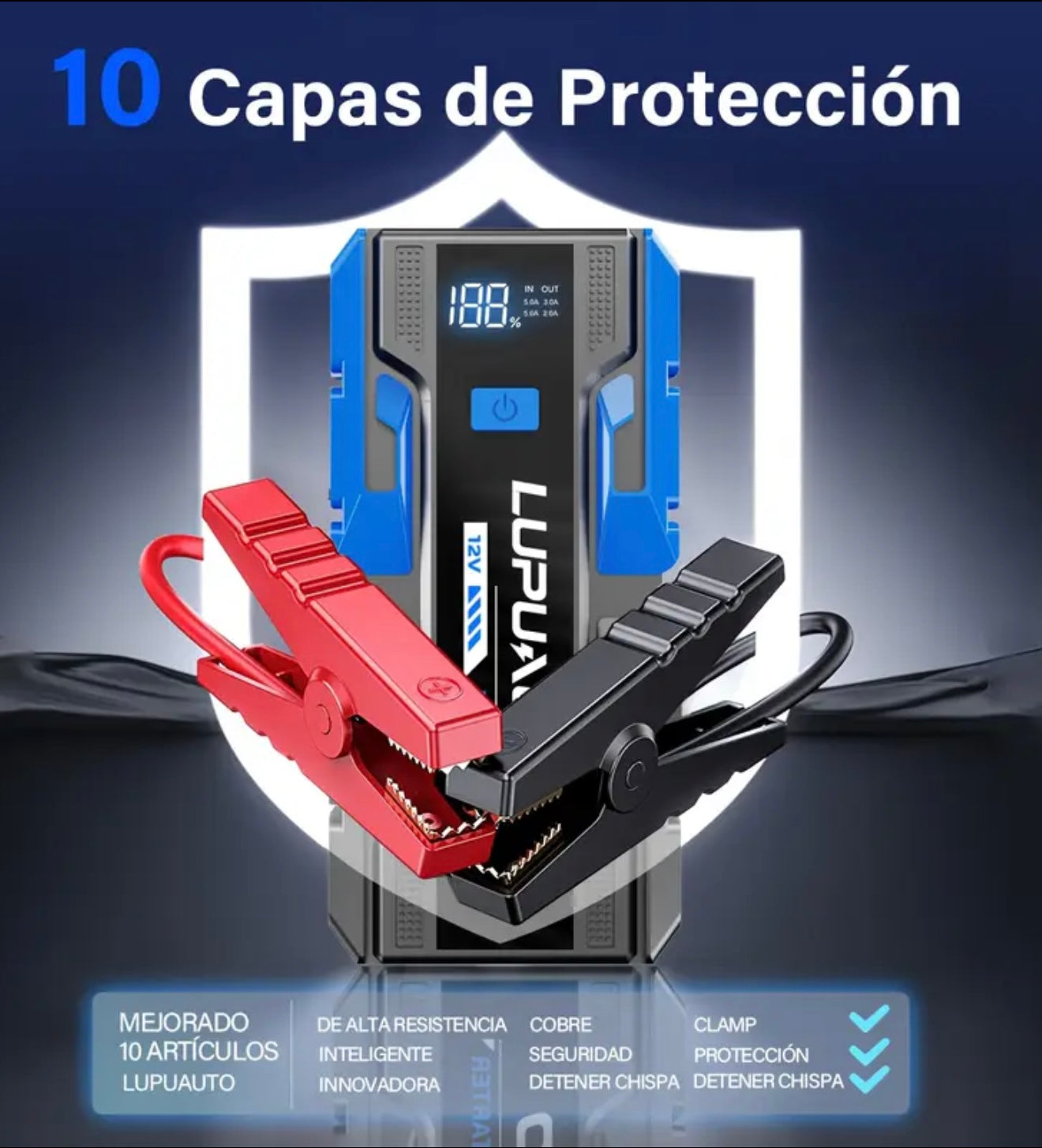 3000A Jump Starter, 12V Portable Battery Charger, Auto Battery Booster 6000mAh Jump Pack with Smart Jumper Clamps for Up to 9.0L Gas & 7.0L Diesel Engines, Booster Pack with Built-in LED Light