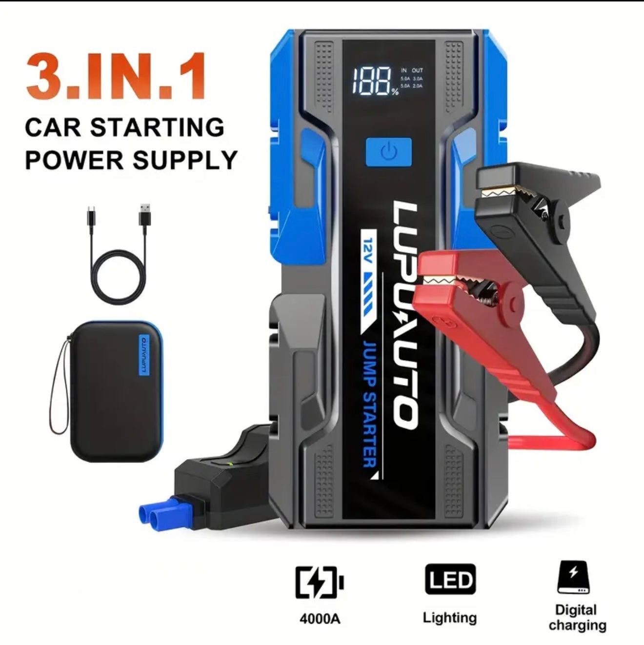 3000A Jump Starter, 12V Portable Battery Charger, Auto Battery Booster 6000mAh Jump Pack with Smart Jumper Clamps for Up to 9.0L Gas & 7.0L Diesel Engines, Booster Pack with Built-in LED Light