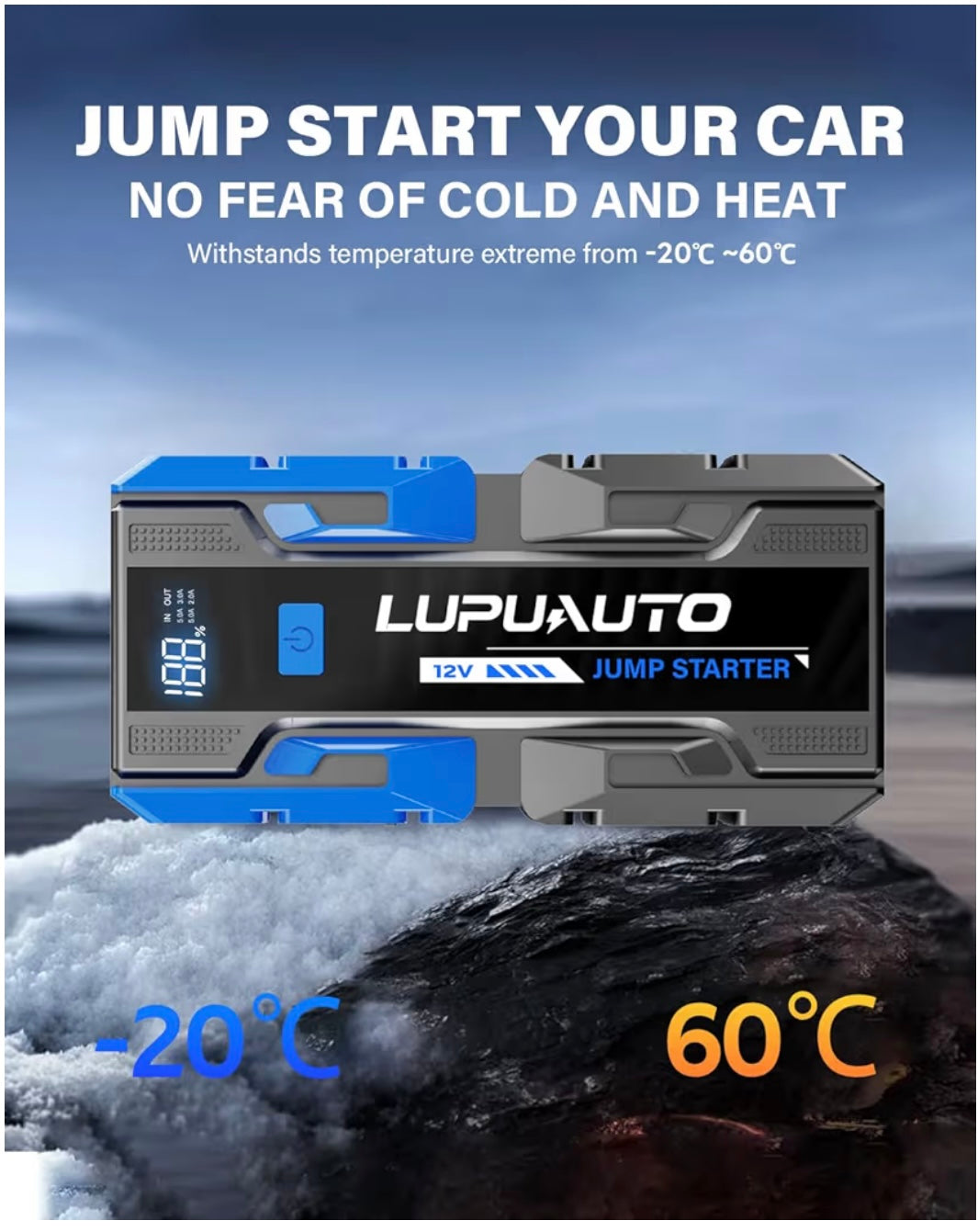 3000A Jump Starter, 12V Portable Battery Charger, Auto Battery Booster 6000mAh Jump Pack with Smart Jumper Clamps for Up to 9.0L Gas & 7.0L Diesel Engines, Booster Pack with Built-in LED Light