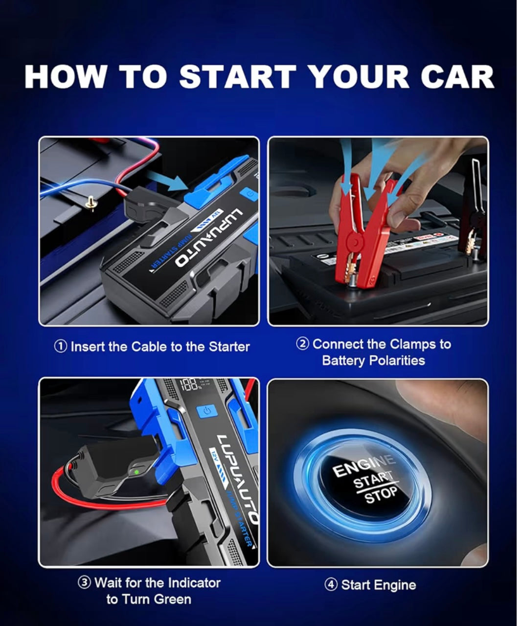 3000A Jump Starter, 12V Portable Battery Charger, Auto Battery Booster 6000mAh Jump Pack with Smart Jumper Clamps for Up to 9.0L Gas & 7.0L Diesel Engines, Booster Pack with Built-in LED Light