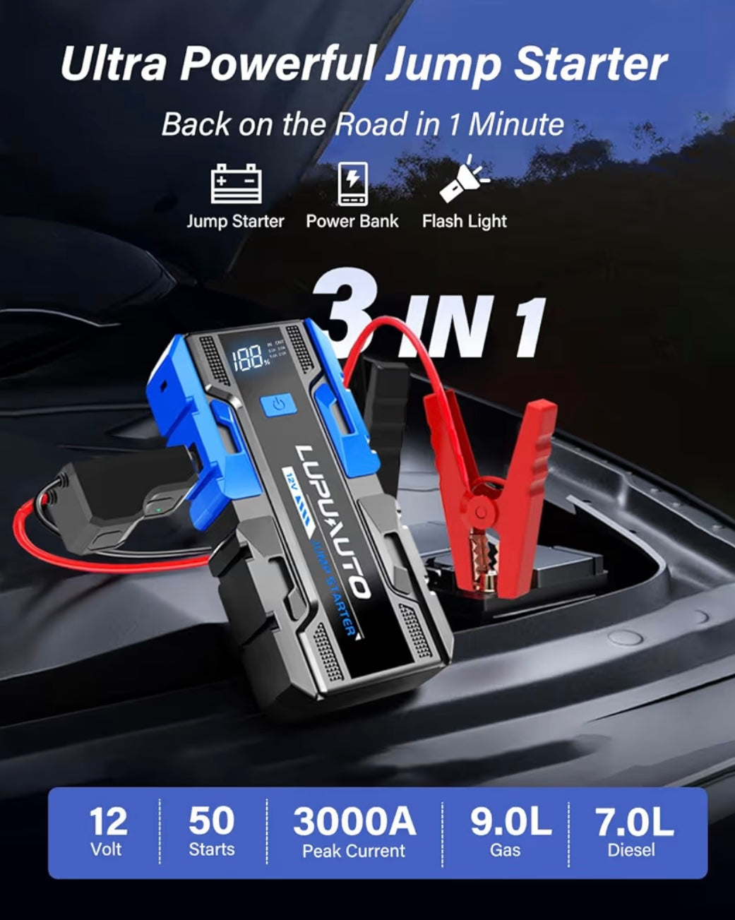 3000A Jump Starter, 12V Portable Battery Charger, Auto Battery Booster 6000mAh Jump Pack with Smart Jumper Clamps for Up to 9.0L Gas & 7.0L Diesel Engines, Booster Pack with Built-in LED Light