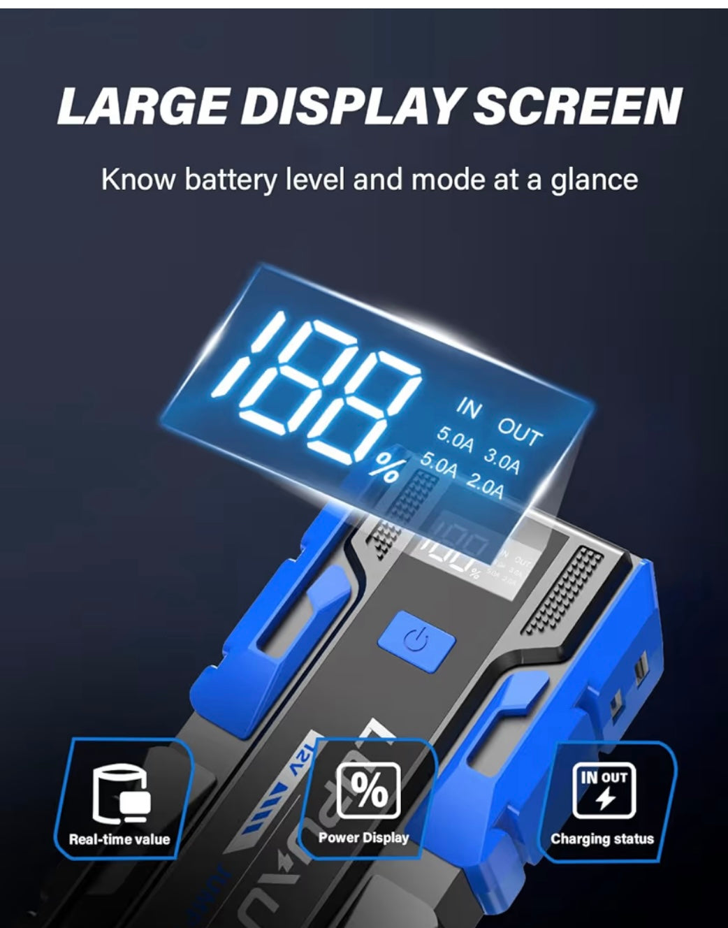 3000A Jump Starter, 12V Portable Battery Charger, Auto Battery Booster 6000mAh Jump Pack with Smart Jumper Clamps for Up to 9.0L Gas & 7.0L Diesel Engines, Booster Pack with Built-in LED Light