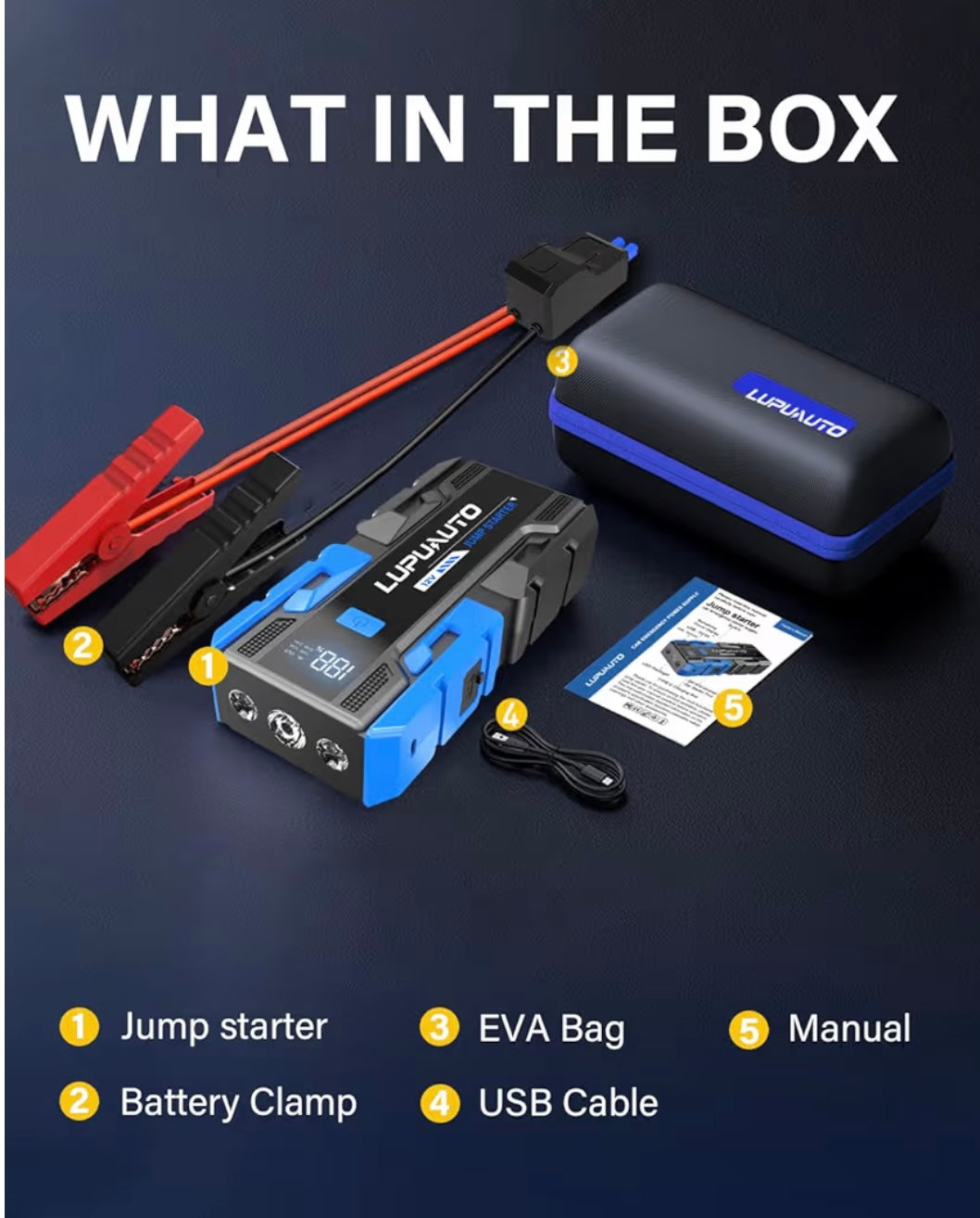 3000A Jump Starter, 12V Portable Battery Charger, Auto Battery Booster 6000mAh Jump Pack with Smart Jumper Clamps for Up to 9.0L Gas & 7.0L Diesel Engines, Booster Pack with Built-in LED Light